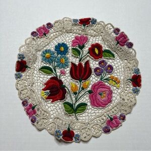 Kalosca Hungarian hand embroidered doily lace Kalocsai floral 11 1/2” X 11 1/2”